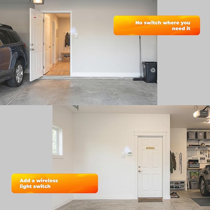 Wireless Remote Light Switch Kit, 1 Switch + 1 Receiver, Battery-Free Wireless Wall Switch, No New in-Wall Wiring, No Wi-Fi, for Bedroom, Garage, Storage Room