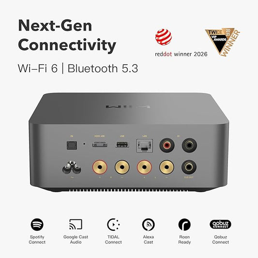 WiiM Amp Ultra with Voice Remote 2 | 100W Streaming Amplifier with Premium ESS ES9039Q2M DAC & Dual TI TPA3255 Amps | Built-in RoomFit EQ & Touchscreen | HDMI ARC, Optical, RCA Inputs | Space Gray
