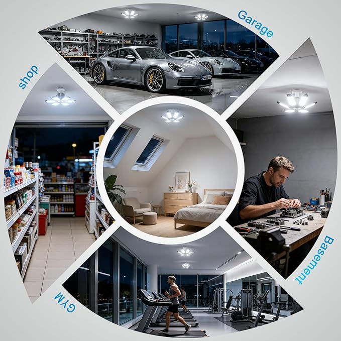 TANBABY 260W Motion Sensor Garage Lights, 30000LM Shop Lights with Remote Control 3 Modes (ON/Off/AUTO), 30/60/120s Timer, E26 Screw-in Deformable 6-Panel 6500K Ceiling Light for Garage Shop (2 Pack)