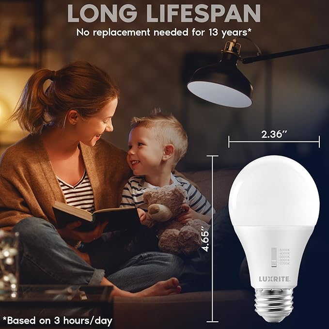 LUXRITE A19 LED Light Bulb 75 Watt Equivalent, CRI90, 5CCT Selectable 2700K 3000K 3500K 4000K 5000K, Dimmable, 1100LM, Standard LED Light Bulbs 11W, E26 Medium Base, ETL - Indoor Outdoor (6 Pack)