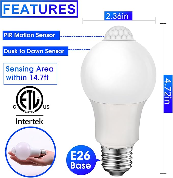 Energetic Motion Sensor Light Bulb, 60 Watt Equivalent (8.5W), Indoor/Outdoor Automatic Activated by Motion, A19, E26, 5000K Dusk to Dawn Security Bulbs for Entrance, Porch, Stairs, Hallway, 2 Pack