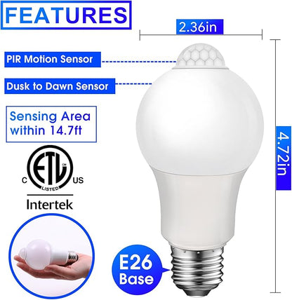 Energetic Motion Sensor Light Bulb, 60 Watt Equivalent (8.5W), Indoor/Outdoor Automatic Activated by Motion, A19, E26, 5000K Dusk to Dawn Security Bulbs for Entrance, Porch, Stairs, Hallway, 2 Pack