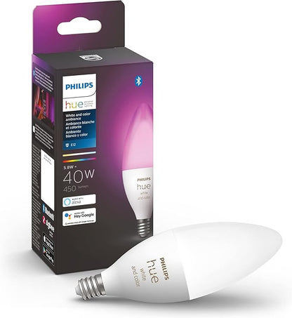 Philips Hue Smart 40W B39 Candle and 75W A19 LED Bulbs Bundle - White and Color Ambiance Color-Changing Lights - 1 Pack Each - 450LM and 1100LM