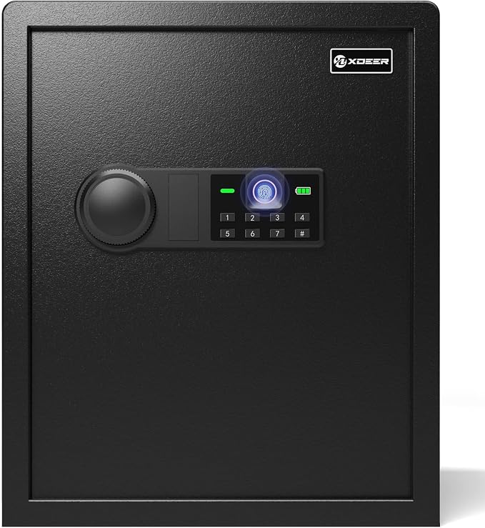 XDeer 1.69 CuFt Biometric Safe with Fireproof Bag, Home Safe for 4 Pistols | Fingerprint Safe Box with Backlit Keypad & LED Light, Money Safe for Cash/Jewelry//Documents/Gun, Removable Shelf & Gun Rack