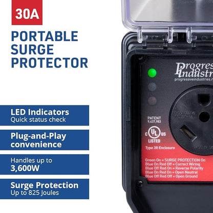 Progressive Industries SSP-30XL Portable RV Smart Surge Protector, Black, 30 Amp