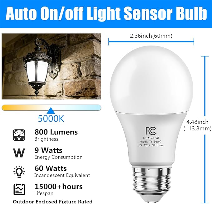 DAYBETTER 4 Pack A19 Dusk to Dawn Light Bulbs Outdoor, Auto On/Off Photocell Sensor LED Light Bulb for Porch & Security Lighting, 60W Equivalent, Energy Efficient 9W, Daylight 5000K, E26 Base