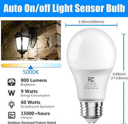 DAYBETTER 4 Pack A19 Dusk to Dawn Light Bulbs Outdoor, Auto On/Off Photocell Sensor LED Light Bulb for Porch & Security Lighting, 60W Equivalent, Energy Efficient 9W, Daylight 5000K, E26 Base