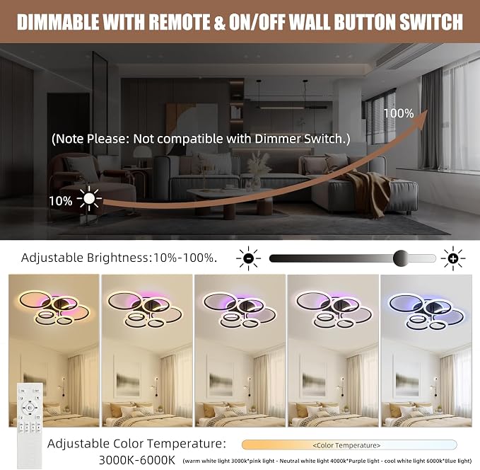 Modern LED Ceiling Light, 70W Dimmable Flush Mount, Black | 4200LM, Adjustable 3000-6000K, Remote Control for Living Room, Dining Room, Kitchen & Hallway