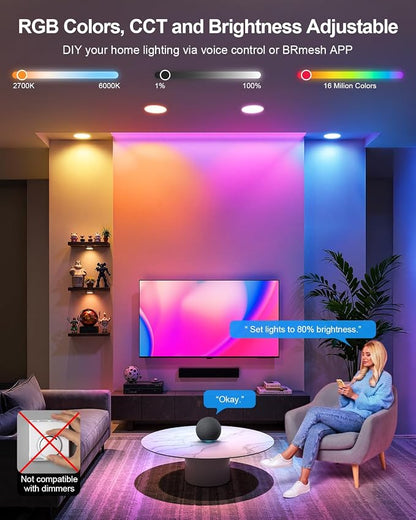 DUSKTEC Recessed Lighting 6 Inch,Smart Color Changing LED Can Light,1050LM | Compatible with Alexa, 32 Modes, 9 Scenes, Timer, CRI 90, 13W Retrofit Recessed Ceiling Light, Voice and APP Control