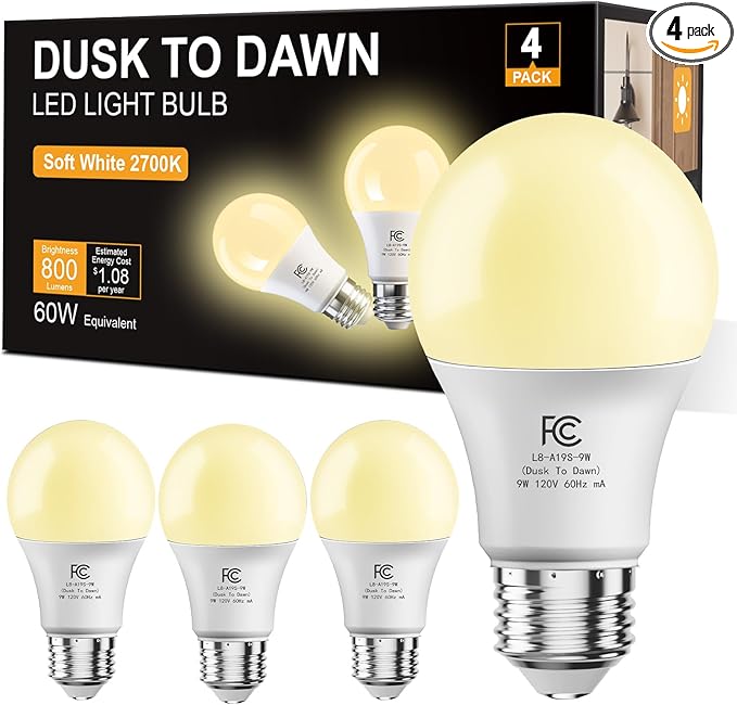 DAYBETTER 4 Pack A19 Dusk to Dawn Light Bulbs Outdoor, 60W Equivalent, Energy Efficient 9W, Light Sensor LED Light Bulb, Automatic on/Off Photocell Bulb for Porch Lighting, Soft White 2700K,E26 Base