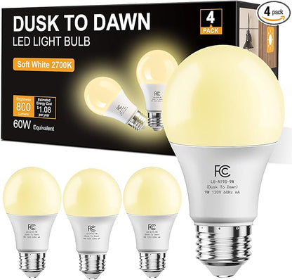 DAYBETTER 4 Pack A19 Dusk to Dawn Light Bulbs Outdoor, 60W Equivalent, Energy Efficient 9W, Light Sensor LED Light Bulb, Automatic on/Off Photocell Bulb for Porch Lighting, Soft White 2700K,E26 Base