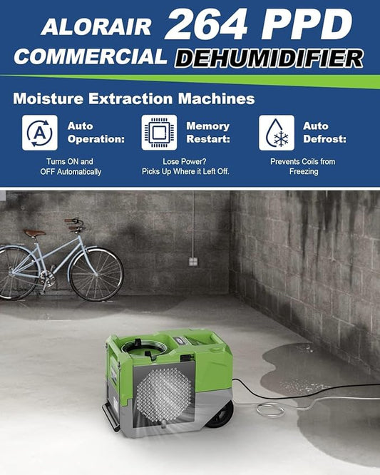 ALORAIR 264 PPD LGR Commercial Dehumidifier with Pump, Up to 3,000 Sq.Ft Industrial Dehumidifier, Portable, for Water Damage Restoration, Basement, Crawl Space, 5 Years Limited Warranty, Green