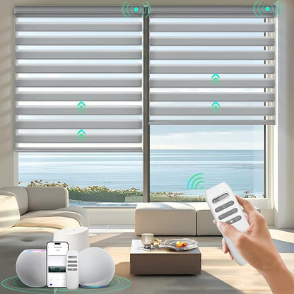 HeyBlinds Motorized Zebra Blinds with Remote, Smart Cordless Electric Zebra Shades for Indoor Windows Compatible with Alexa Google & Homekit, Custom Size (Wool-Gray LF)