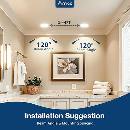 Amico 4 Pack 4 Inch 5CCT Ultra-Thin LED Recessed Ceiling Light with Junction Box, 2700K/3000K/3500K/4000K/5000K Selectable, 10W Eqv 60W 800LM Brightness Dimmable Canless Wafer Downlight, ETL & FCC