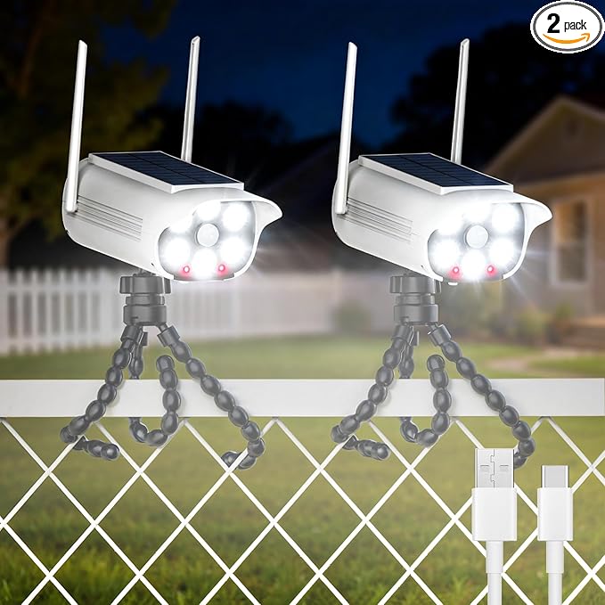 Tryme 2 Pack Fake Security Camera Solar Light with Flashing Red LED - Flexible Octopus Tripod Mount, 500 Lumen Dummy CCTV, 3 Modes Motion Sensor for Outdoor, No Drill (Solar/USB)