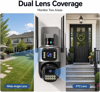 Outdoor Camera, Plug-in Security Camera Outdoor, Dual Lens PTZ 6MP, 6X Digital Zoom, Auto Tracking, Color Night Vision, 5G/2.4G Dual-Band WiFi, 2-Way Audio, IP66 Waterproof