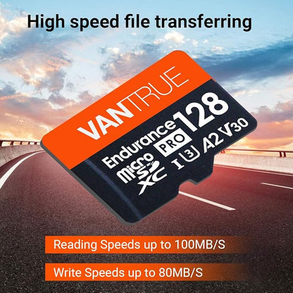Vantrue 128GB U3 microSDXC UHS-I 4K UHD Video Monitoring Memory Card with Adapter for Dash Cams, Body Cams, Action Camera, Other Surveillance & Security Cams