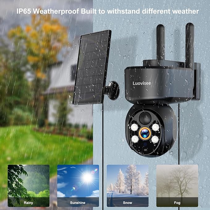 Luovisee 2K Solar Security Camera Wireless Outdoor,WiFi Cameras for Home Security Battery-Powered,Compatible with Alexa,360°PTZ Full Color Night Vision,PLR Alarm,2-Way Audio,Cloud/SD Storage