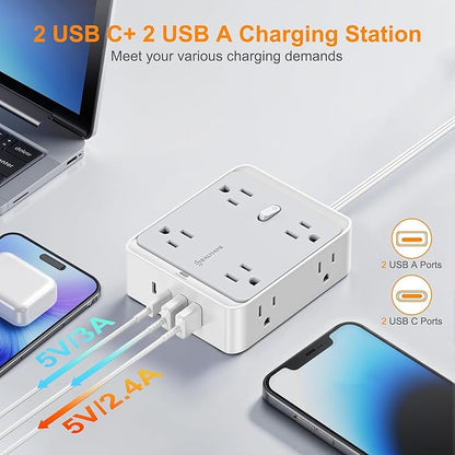 Flat Power Strip, 12-in-1 Flat Outlet Extender with 5Ft Extension Cord, Power Strip Flat Plug with 8 AC Outlets 2 USB-A and 2 USB-C, Flat Wall Extension Cord for Desktop Home Office Dorm Room