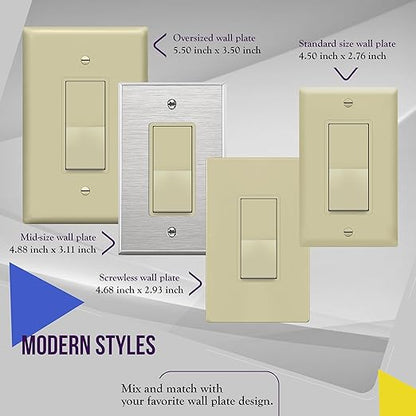 ENERLITES Decorator On/Off Paddle Switch with Wall Plates, Single Pole, 3 Wire, Grounding Screw, Residential Grade, 15A 120V/277V, UL Listed, 91150-IWP-10PCS, Ivory (10 Pack)