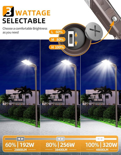 LED Parking Lot Light 320W 256W 192W Adjustable UL Listed 5000K LED Street Flood Light with Photocell, IP65 Waterproof Commercial Shoebox Area Lights Slip Fit for Parking Lot, Roadway, AC100-277V