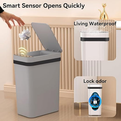 FRESHLIX 3 Pack Bathroom Trash Can 2.6 Gallon Small Touchless Automatic Motion Sensor Trash Cans Slim Waterproof Garbage Bin with Lid for Kitchen, Office, Bedroom Black White Grey