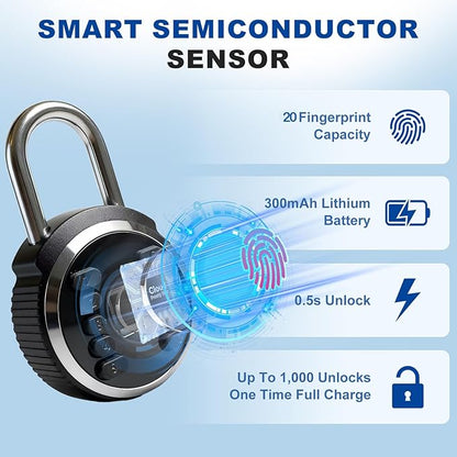 Fingerprint Padlock, Biometric Smart Lock Keyless IP67 Water-Resistant Gym Locker Lock, Rechargeable Fingerprint Lock for Gym, Fence, Storage, Outdoor and Indoor Security