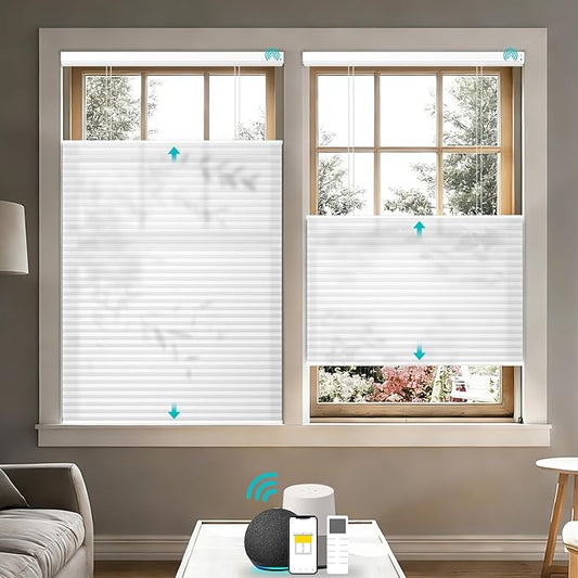 Motorized Top Down Bottom Up Cellular Shades with Remote, Custom Cordless Smart Honeycomb Blinds, Automatic Electric Light Filtering Window Blinds Work with Alexa Google for Home Office, White