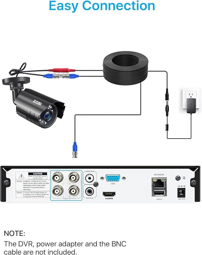 ZOSI 2MP 1080P HD TVI Bullet Camera & 100ft BNC Cable Kit, Outdoor Indoor Weatherproof Metal Housing with Night Vision, All-in-One Video Power Extension Wire for 5MP/4K HD-TVI Analog DVR.