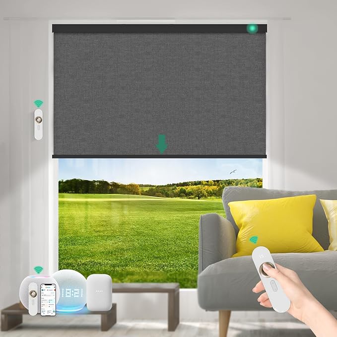 Motorized Blinds with Remote [100% Blackout & Silent Motor] Smart Blinds Compatible with Alexa Google HomeKit, Electric Roller Shades for Indoor Windows, Customized Size, Mist Dark Grey