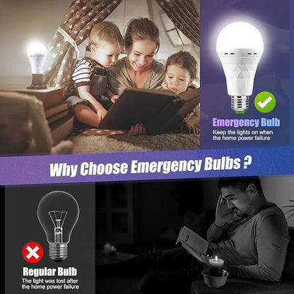 Emergency-Rechargeable-Light-Bulb, Stay Lights Up When Power Failure, 1500mAh 12W 60W Equivalent LED Light Bulbs for Home, Camping, Hiking (E27, with Hook,with Plug Cap) 4 Pack