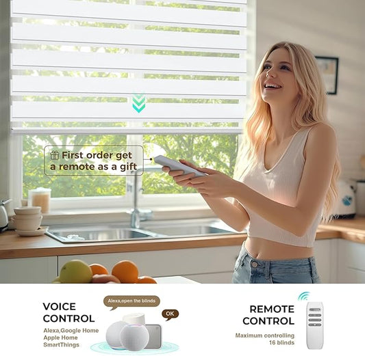 HeyBlinds Motorized Zebra Blinds with Remote, Smart Cordless Electric Zebra Shades for Indoor Windows Compatible with Alexa Google & Homekit, Custom Size (Minimalism-White BO)