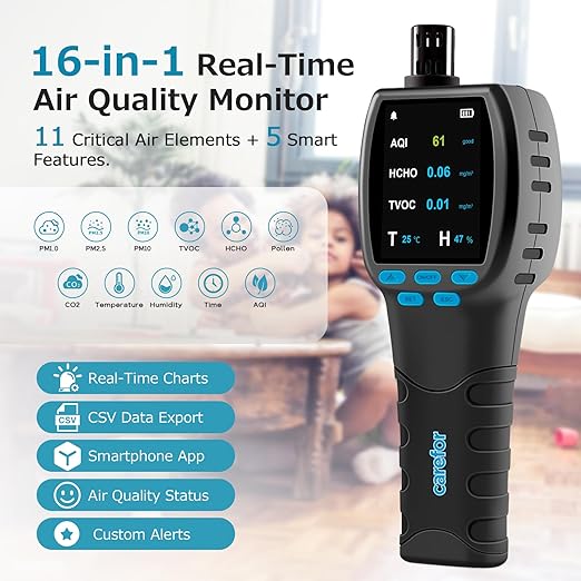 Air Quality Monitor CF-60PP WiFi PM2.5 PM10 TVOC Pollen AQI Tester for Indoor/Outdoor Air Pollution Detection TFT Color Display Rechargeable Custom Alarm CSV Report Download