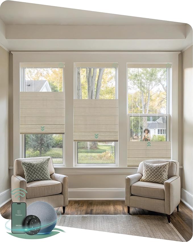 Yoolax Smart Top Down Bottom Up Roman Shades, Motorized Roman Shades with Remote, Light Filtering Smart Blinds Work with Alexa, Google Home, Apple Homekit for Living Room, Customized (Woven Dune)