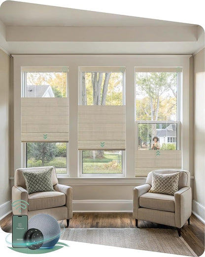 Yoolax Smart Top Down Bottom Up Roman Shades, Motorized Roman Shades with Remote, Light Filtering Smart Blinds Work with Alexa, Google Home, Apple Homekit for Living Room, Customized (Woven Dune)