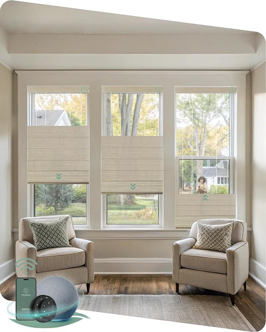 Yoolax Smart Top Down Bottom Up Roman Shades, Motorized Roman Shades with Remote, Light Filtering Smart Blinds Work with Alexa, Google Home, Apple Homekit for Living Room, Customized (Woven Dune)