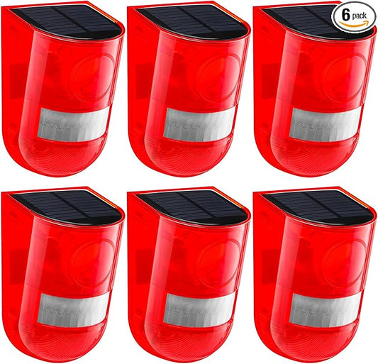 Qualirey Solar Sound and Light Alarm Motion Sensor 129db Outdoor Security Siren Waterproof Activated Detector Driveway Alarm 6 LEDs Flash Warning Deterrent Strobe System for Home, Farm(Red,6 Pack)