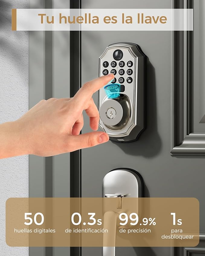 WiFi Smart Lock with Camera - Keyless Entry Deadbolt with Handle Set, 5-in-1 Camera+Doorbell+Fingerprint+Keypad, App Control, Auto Lock, Easy Install, Waterproof for Front Door, Satin Nickel