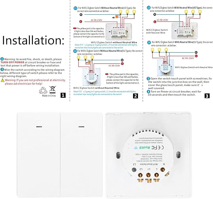 Wireless WiFi Smart Switch for Power Distribution 2200W Compatible with Google Home IFTTT Roqi and iOS Siri - Impact ABS Material for Multi Scene Control Applications