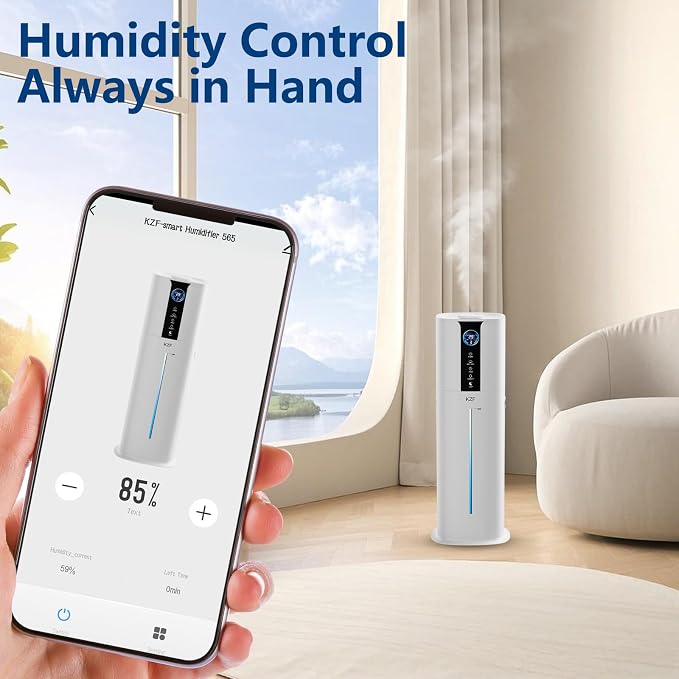 KZF 9L Smart Humidifiers for Bedroom Large Room, 2.3Gal Cool Mist Top Fill Diffuser App & Remote Control, 3 Mist Modes, Quiet Humidifier for Home Office Plant (App Control, White)