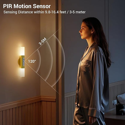 Motion Sensor Wall Sconces with Remote Control, LED Rechargeable Battery Operated Wall Lights Set of Two for Living Room, Indoor Wireless Wall Lamps for Bedroom, Hallway, Stair, Gold 2 Pack