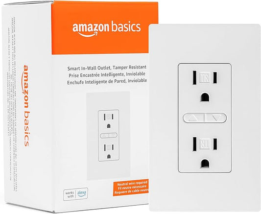 Amazon Basics Smart In-Wall Outlet, Works with Alexa Only, Individually Controlled Outlets, Voice Control, WiFi, 15 Amps, 2.4 GHz, No Hub Required, White