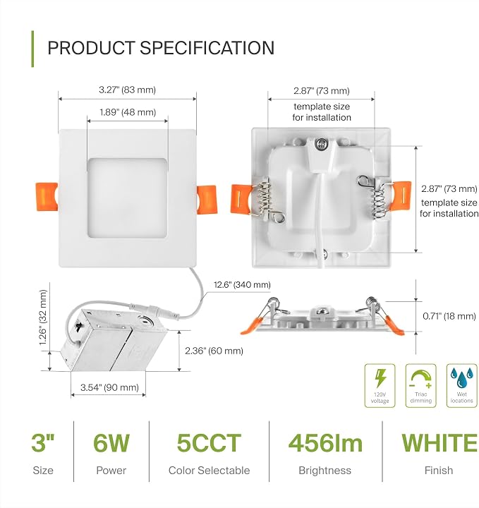 ASD 24 Pack LED Square Recessed Lighting 3 Inch, 5 CCT 2700K-5000K CRI90+, 6W 30W Eqv, Ultra Thin Dimmable Ceiling Lights with J Box, Canless Wafer Downlight, Slim Panel Light, UL Energy Star, White