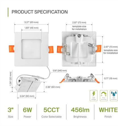 ASD 24 Pack LED Square Recessed Lighting 3 Inch, 5 CCT 2700K-5000K CRI90+, 6W 30W Eqv, Ultra Thin Dimmable Ceiling Lights with J Box, Canless Wafer Downlight, Slim Panel Light, UL Energy Star, White