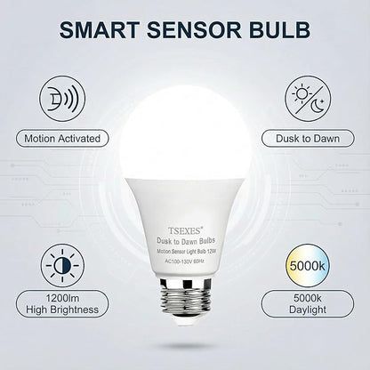 TSEXES 12W Motion Sensor Light Bulbs (100W Equivalent), 5000K Daylight, Motion Activated Light Bulb with Dusk to Dawn Sensor for Outdoor & Indoor,Porch, Stairs, Hallway, 4-Pack