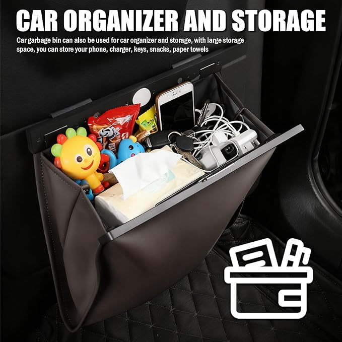LED Car Trash Can Leak-Proof,Strong Magnetic Fast Closing Car Trash Bin as Cars Organizers and Storage,Cars Garbage Can with Automotive Trashs Bag for Backseat,Console,Door (Brown)