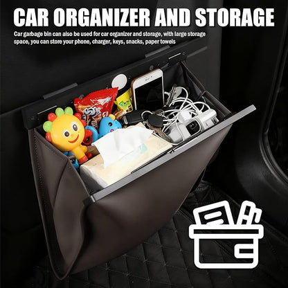 LED Car Trash Can Leak-Proof,Strong Magnetic Fast Closing Car Trash Bin as Cars Organizers and Storage,Cars Garbage Can with Automotive Trashs Bag for Backseat,Console,Door (Brown)