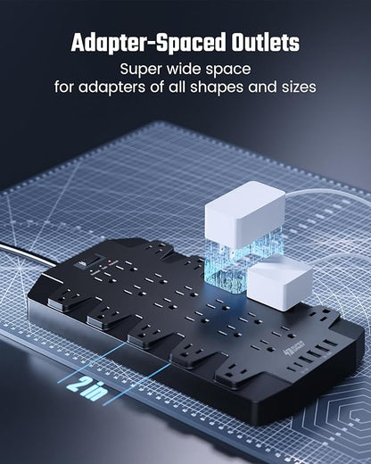 15 Ft Extension Cord Power Strips with Surge Protection, SUPERDANNY Surge Protector with 22 Outlets, 2 USB-C and 4 USB-A, 2100J, 15Ft Flat Plug Heavy Duty Extension Cord (1875W/15A) for Office, School