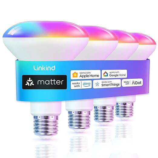 Linkind Matter BR30 Smart Light Bulbs, RGBTW LED Color Changing Light Bulbs Bundle Matter Smart Plug, Work with Apple Home, Siri, Alexa, Google Home, SmartThings