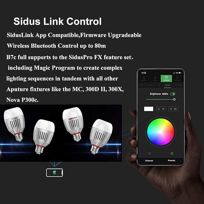 Aputure Accent B7c LED Smart Bulb 7W RGBWW,2000k-10000k Bi Color,CCT/HSI/FX Mode,App Control Built-in Battery, E26/E27 Socket